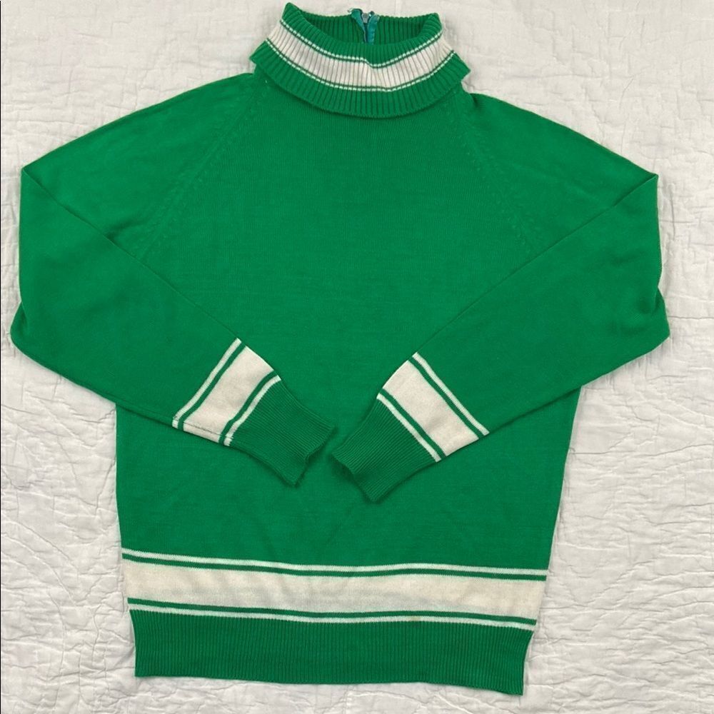 Vintage 100% Virgin Acrylic Green Turtleneck Sweater with White Stripes